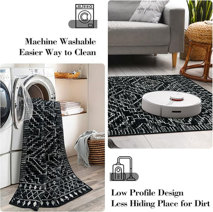 Wonnitar Moroccan 9x12 Area Rug for Living Room, Washable Black Rugs for Bedroom, Large Non-Slip Thin Dining Room Rugs for Under Table, Non-Shedding Soft Boho Floor Carpet Decor (Black,9'x12')