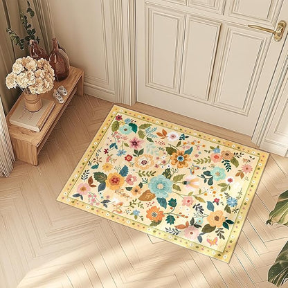 Floral 2x3 Area Rug Machine Washable Soft Print Boho Carpet Non Slip Doormat Low Pile Flower Area Rugs for Living Room Bedroom Nursery Kitchen Dining Room Indoor-Ivory/Yellow