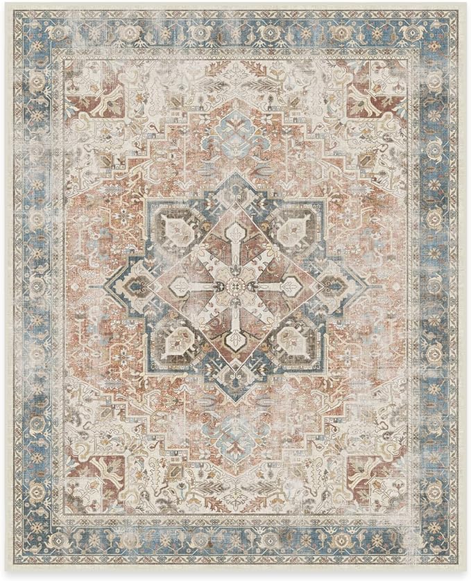RUGGABLE Washable Vintage Area Rug – Kamran Coral 8x10, Stain-Resistant, Non-Slip – Large Machine Washable Rugs for Living Room, Bedroom, Hallway, Entryway & Office–with Cushioned Pad