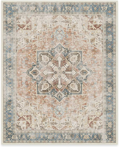 RUGGABLE Washable Vintage Area Rug – Kamran Coral 8x10, Stain-Resistant, Non-Slip – Large Machine Washable Rugs for Living Room, Bedroom, Hallway, Entryway & Office–with Cushioned Pad