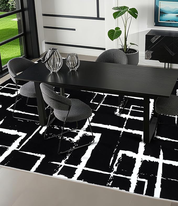 YIHOUSE Black Modern Geometric Area Rug 5x7, Black and White Rug with Abstract Rectangular Patterns,Non-Shedding Washable Rugs for Bedroom, Home Office and Small Living Room