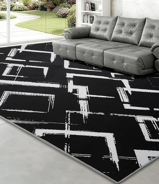 YIHOUSE Black Modern Geometric Area Rug 8x10, Black and White Rug with Abstract Diamond Patterns,Non-Shedding Washable Rugs for Bedroom, Home Office and Living Room