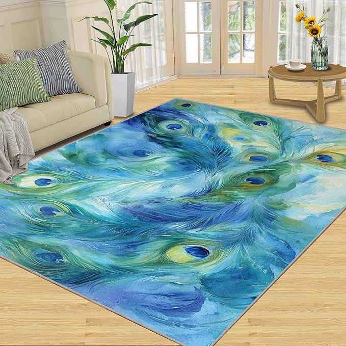 Peacock Feather Rug 4x5-4x5 Rug, Teal Turquoise Area Rugs for Bedroom, Malachite Green Feather Rugs for Living Room, Peafowl Washable Mat, Peacock Feather Carpet - Peafowl Home Decor & Gifts