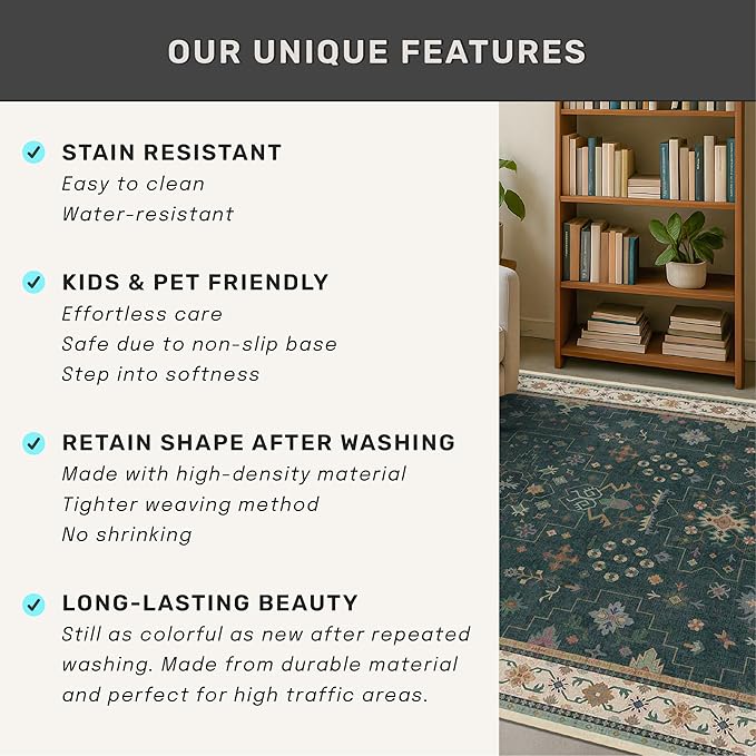 Vintage Dark Green 6x8 Dining Room Rugs for Under Kitchen Table - Washable Livinig Room Rug - Unique Floral Pastel Low Pile Non-Slip Area Rugs for Bedroom