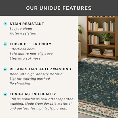 Vintage Dark Green 6x8 Dining Room Rugs for Under Kitchen Table - Washable Livinig Room Rug - Unique Floral Pastel Low Pile Non-Slip Area Rugs for Bedroom