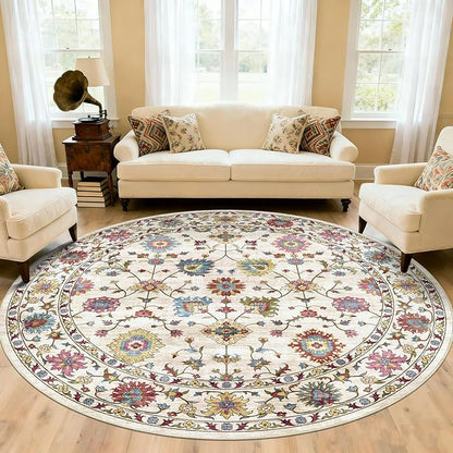 Washable Round Area Rug 8ft - Cream Colorful Traditional Floral Living Room Circle Rug 8x8 Non-Slip Vintage Bohemian Dining Room Carpet Soft Vintage Boho Round Rugs for Bedroom Office Entryway