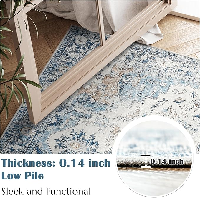 jinchan Kelda Runner Rug 2x10-2pcs Hallway Rug Washable Runner Vintage Mat Retro Lightweight Non-Slip Floor Cover Distressed Thin Carpet for Entryway Bathroom Bedroom Laundry Room Stairway Blue
