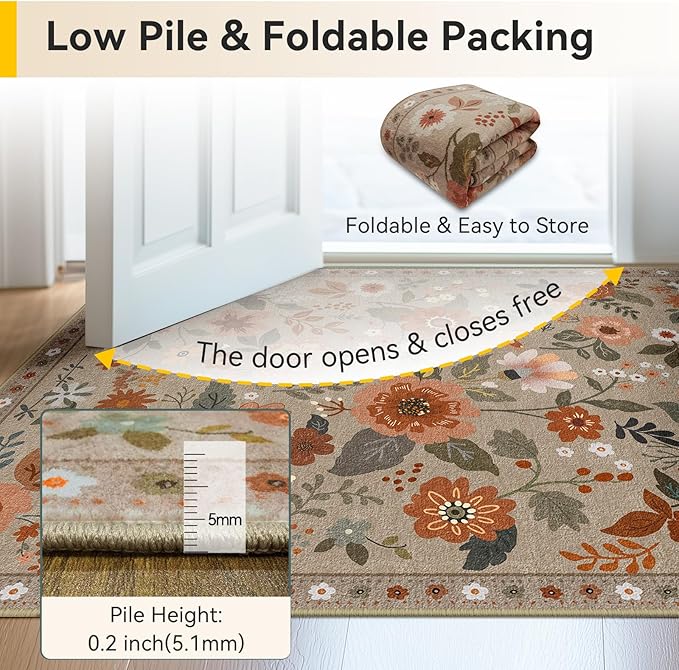 Floral 4x6 Area Rug Machine Washable Soft Print Boho Carpet Non Slip Doormat Low Pile Flower Area Rugs for Living Room Bedroom Nursery Kitchen Dining Room Indoor-Brown/Brick