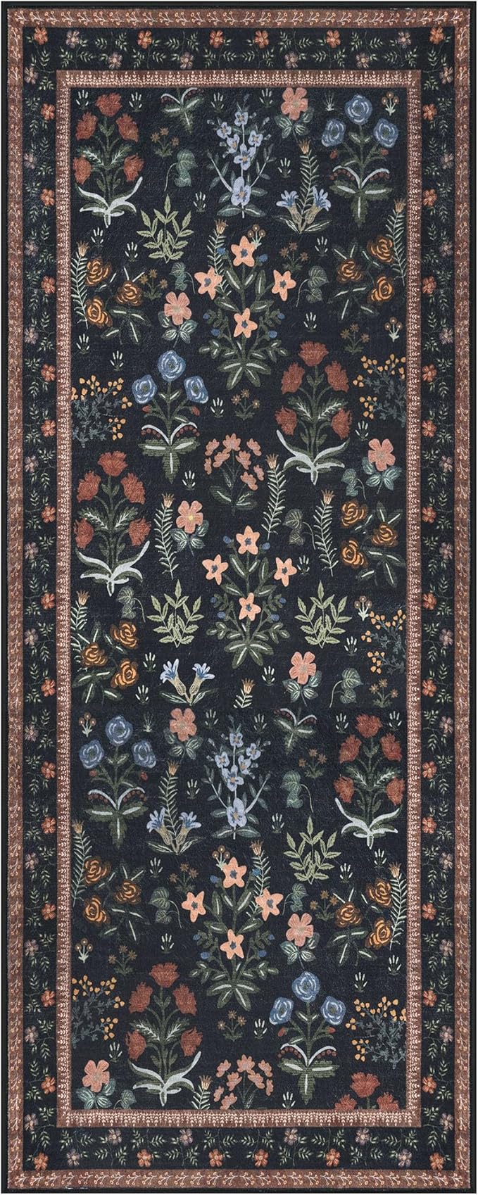 Boho 2x5 Runner, Black Navy Floral Washable Hallway Runner, Non-Slip Kitchen Runner, Super Thin Printed Faux Wool Soft Carpet for Entryway, Front Door, Backdoor, Bedside