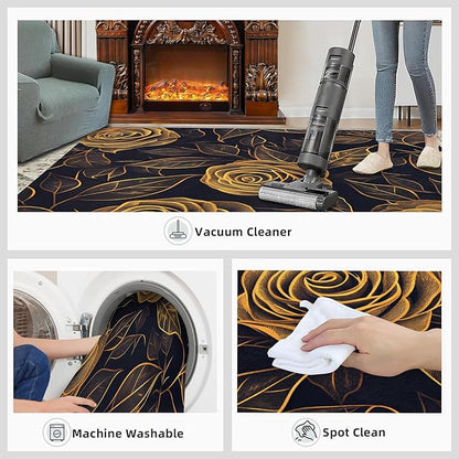 Rose Rugs for Bedroom - 5x8 Area Rug - Black Gold Flowers Rugs for Living Room, European Light Luxury Flowers Rug, Washable Home Decor Carpet