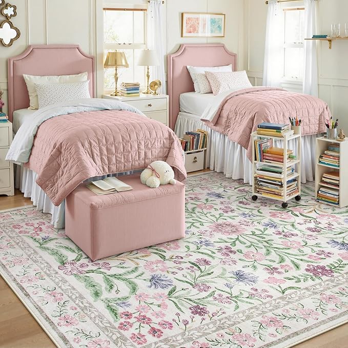 Lahome Purple 8x10 Area Rugs for Living Room, Washable Kids Rugs for Bedroom Girls, Vintage Baby Rugs for Nursery, Soft Thin Carpet for Dining Room Playroom, Pale Lilac/Pink