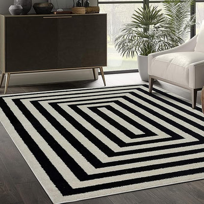 Abani Contemporary Black & Ivory 3' x 5' Area Rug, Contrasting Geometric Modern Stripe Symmetrical Living Room Carpet Rugs