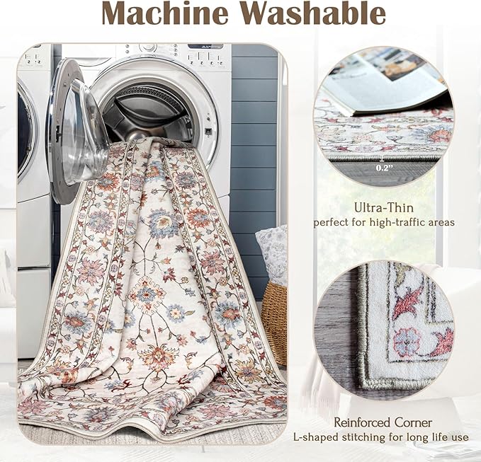 Washable Area Rug 5x7 - Boho Living Room Rug Soft Farmhouse Bedroom Rug Ultra-Thin Cream Colorful Vintage Traditional Floral Dining Room Rugs for Under Table Indoor Carpet for Living Room