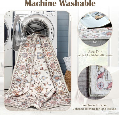 Washable Area Rug 5x7 - Boho Living Room Rug Soft Farmhouse Bedroom Rug Ultra-Thin Cream Colorful Vintage Traditional Floral Dining Room Rugs for Under Table Indoor Carpet for Living Room