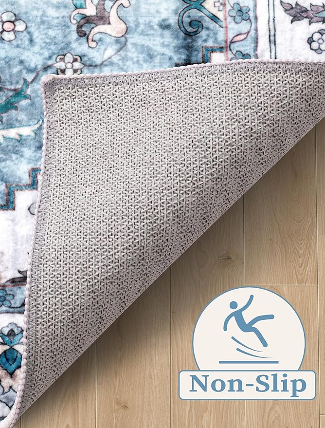 SERISSA Boho Washable Runner Rug, 2'6"x10' Long Non-Slip Vintage Blue Hallway Kitchen Stair Runner Rug Ultra Soft Print Distressed Floor Carpet for Bedroom Bathroom Laundry Room
