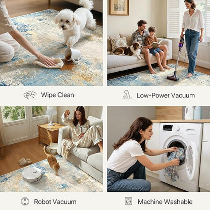 8x10 Area Rugs Washable Blue Rug for Living Room Bedroom, Abstract Modern Large Rug Non Slip, Water Repellent Low Pile Soft Carpet for Dining Room, Blue Ivory