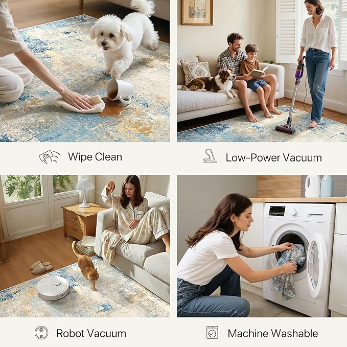 5x7 Area Rugs Washable Blue Rug for Living Room Bedroom, Abstract Modern Large Rug Non Slip, Water Repellent Low Pile Soft Carpet for Dining Room, Blue Ivory
