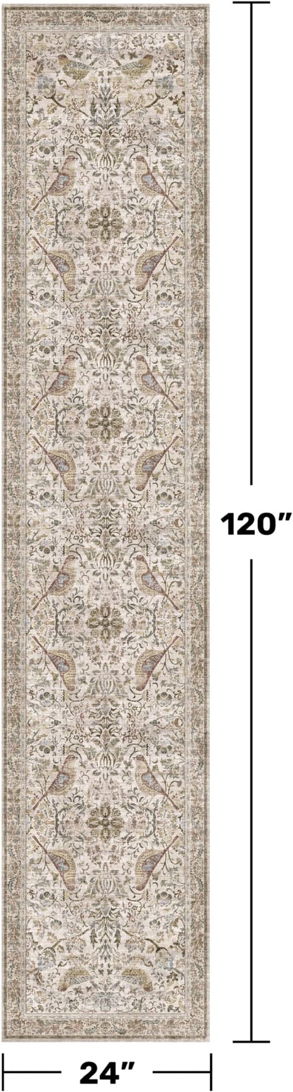 Boho 2x10 Moss Green Hallway Runner Rug 10 ft, Washable Extra Long Runner Rugs for Entrance Floor, Stain Resistant Vintage Brown Taupe Floral Design Carpet for Kitchen, Low Pile & Soft