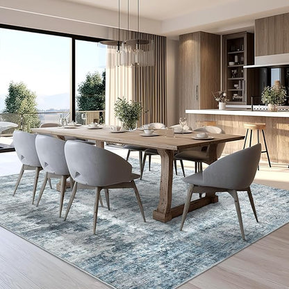 7x9 Area Rug for Living Room Washable Abstract Vintage Soft Thin Indoor Floor Non-Slip Carpet for Bedroom Dining Room Blue Grey