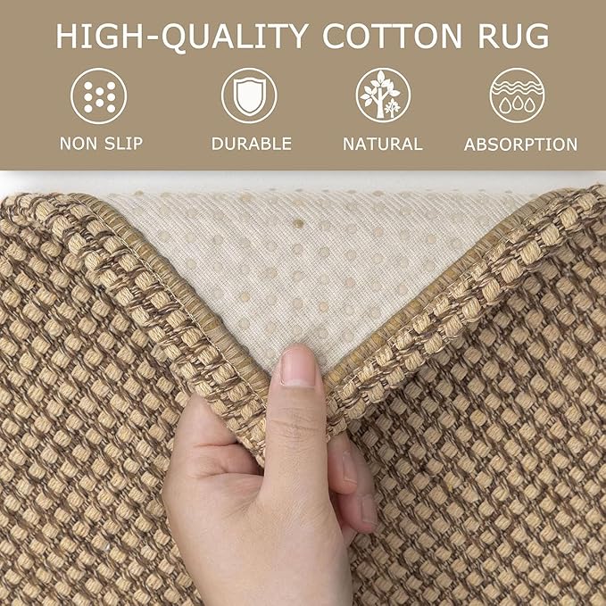 KOZYFLY Washable Area Rug 7.5x10 ft Rubber Backed Non Slip Rugs for Living Room Braided Cotton Bedroom Rug Woven Office Rugs Indoor Floor Carpets for Dining Bedroom Living Room, Tan/Orange/Brown