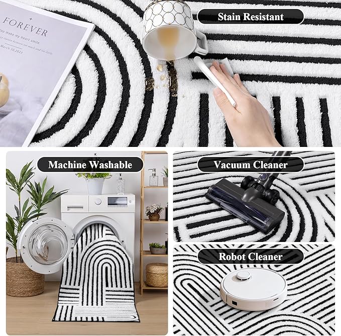 SHACOS Soft Cozy Fluffy Arch Pattern High Low Pile Area Rugs 6'x9' Large Non Slip Washable Modern Geometric Rug Scandinavian Minimalist Carpet for Living Room Bedroom Dining Room, Black White