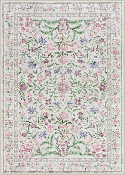 Lahome Boho Purple Floral 5x7 Area Rugs, Washable Rugs for Bedroom Nursery Decor, Soft Non-Slip Lavender Carpet for Kids Room Girls Playroom Living Room, Pale Lilac/Pink