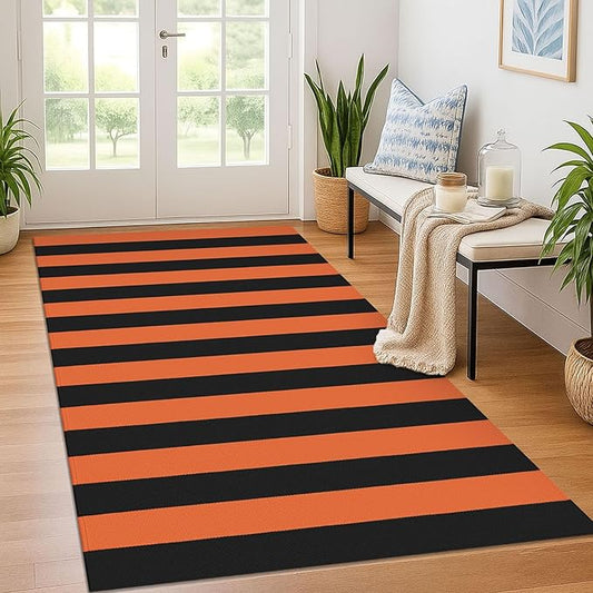 KOZYFLY Striped Outdoor Rug 4x6 Ft Orange and Black Halloween Fall Hand Woven Area Rug Washable Outdoor Doormats Indoor Entrance Mat for Front Door Kitchen Entryway Patio Front Porch Decor