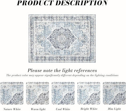 Runner Rug 2×6, Vintage Boho Rug,Ultra-Soft Low Pile, Washable, Non Slip,Stain Resistant Printed Carpet for Hallway Kitchen Living Room Bedrooms Playroom Office, Light Blue