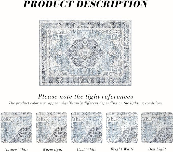 Area Rug 8×10, Large Vintage Boho Rug,Ultra-Soft Low Pile, Washable, Non Slip,Stain Resistant, Printed Carpet for Living Room Bedrooms Playroom Office Kitchen, Light Blue