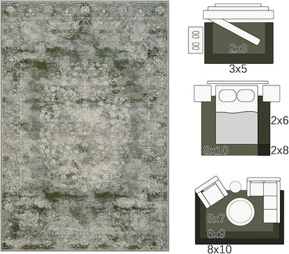 jinchan Washable Area Rug 8x10 for Living Room - Soft Faux Wool Ultra-Thin Stain Resistant Non-Slip Distressed Vintage Floral Large Carpet for Bedroom,Dining Room,Home Office,Nursery(Green, 8'x10')
