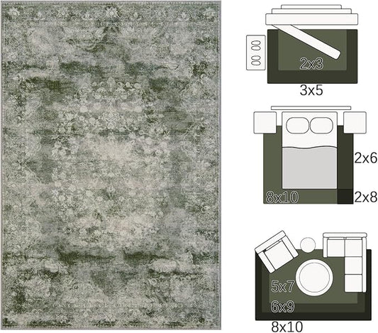 jinchan Washable Area Rug 8x10 for Living Room - Soft Faux Wool Ultra-Thin Stain Resistant Non-Slip Distressed Vintage Floral Large Carpet for Bedroom,Dining Room,Home Office,Nursery(Green, 8'x10')