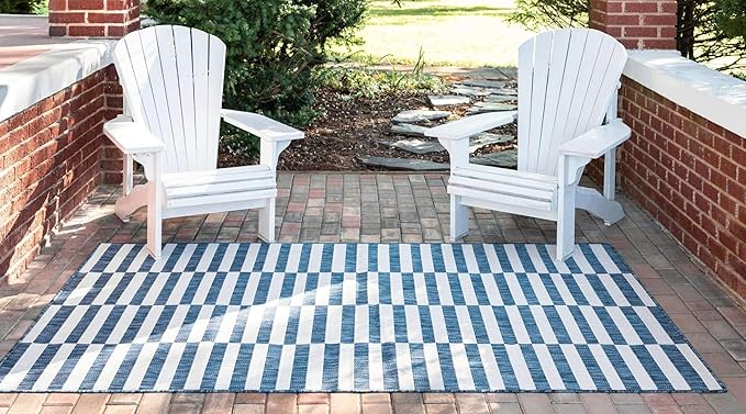 Unique Loom Outdoor Striped Collection Area Rug - Striped (6' 1" x 9' Rectangle, Blue/Ivory)