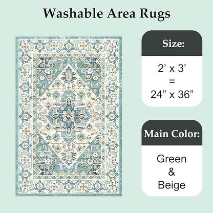 VK VK·LIVING Entryway Washable Rug 2'x3' Small Boho Bathroom Throw Area Rug Non Slip Doormat Indoor Front Door Machine Washable Carpet for Bathroom Kitchen Vintage (Green Beige)