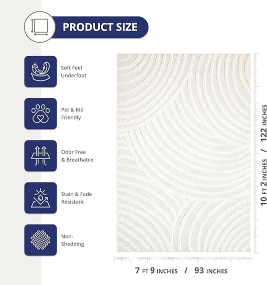 Abani Nomad Cream Tone-on-Tone Area Rug 8' x 10' for Living Room, Bedroom - Linear Curves Pattern - Durable & Easy to Clean