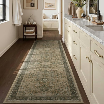 Medallion 3x7 Hallway Runner Rug, Washable Non Slip Runners for Kitchen Floor, Low Pile Thin Distressed Vintage Runner Carpet for Entryway/Mudroom/Foyer/Bathroom/Bedroom, Multi Brown/Olive