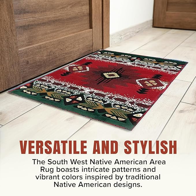 YHSF South West Native American Area Rug C318 - Easy Clean, Thick, Soft, Durable Native Tribal American Indian Inspired Rug for Bedroom/Living Room and More - Red, 5 Feet x 7 Feet