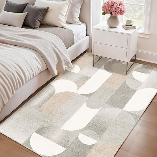 Grey Rug 3x5 Washable Area Rugs for Bedroom Living Room Kitchen Entryway Bedside,Small Modern Geometric Non Slip Carpet,Beige