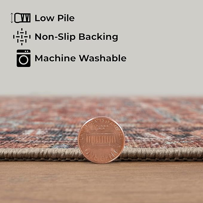 GLN Rugs Traditional Collection - Machine Washable Area Rug, Traditional Washable, Non Slip, Low Pile Chenille Rug, Living Room, Bedroom, Kitchen Rug (2'6" x 10' Terra/Multicolor 1168)