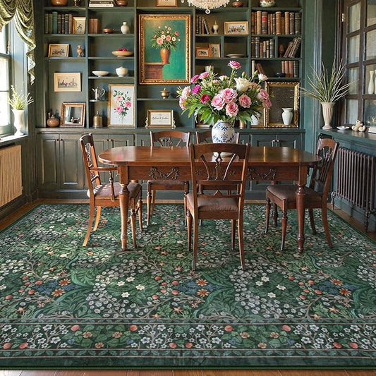 Lahome Floral Dark Green Area Rugs 8x10, Soft 8x10 Washable Rugs for Living Room Bedroom, Boho Non-Slip Forest Large Throw Carpet for Farmhouse Dining Room Office, Dark Green