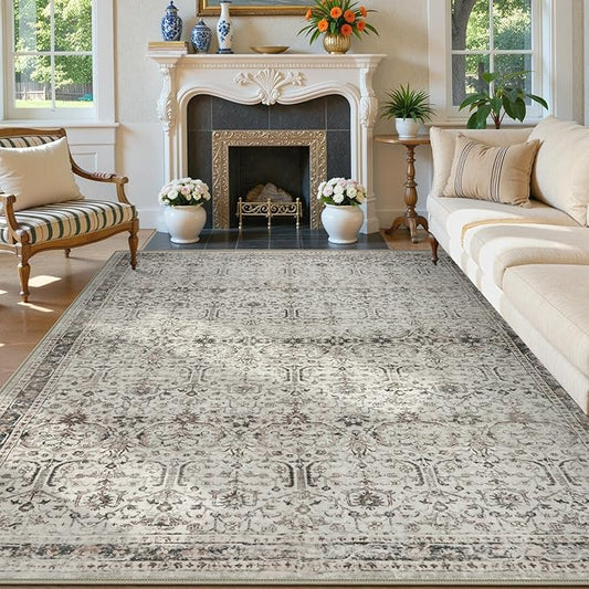 Moynesa Grey Rugs for Living Room 8x10, Vintage Washable Area Rug for Bedroom Dining Room Office, Low Pile Soft Non-Slip Retro Neutral Carpets for Kitchen Indoor Nursery