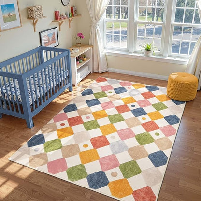 jinchan Macy Area Rug 6x9 Kids Washable Rug Indoor Floor Cover Non-Slip Modern Soft Rug Elementary School Classroom Colorful Diamond Carpet for Nursery Playroom Daycare Living Room Circus on Cream