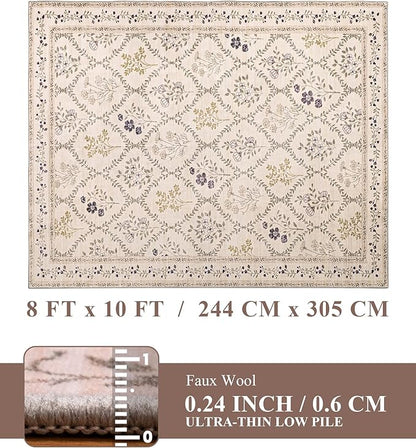 YIHOUSE 8x10 Washable Rug for Living Room, Beige Floral Rugs for Bedroom Boho Area Rug Non Slip Ultra-Thin Large Rug for Kids Playroom, Classroom, Girls Dorm, Nursery, Beige Multi