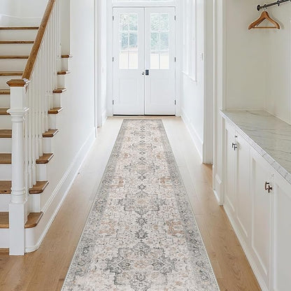 GENIMO 2'6''x18 Runner Rugs for Hallway, Machine Washable Non Slip Vintage Rugs, Low Pile Soft Chenille Print Rug for enrtyway, Corridor, Home Office,Light Taupe Brown