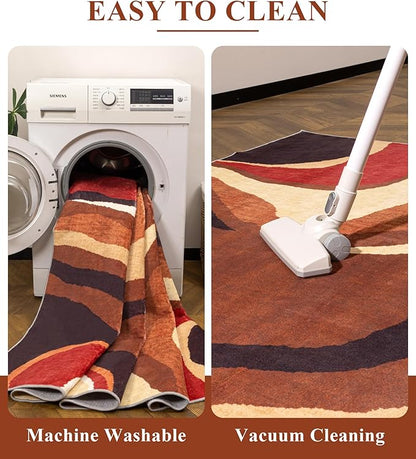 YIHOUSE Burnt Orange Rug 2x3 Washable,Farmhouse Brown Retro Carpets,Geometric Abstract Wavy Rug for Bedroom,Unique Colorful Rugs for Living Room,Dining Room,Bedside Rugs