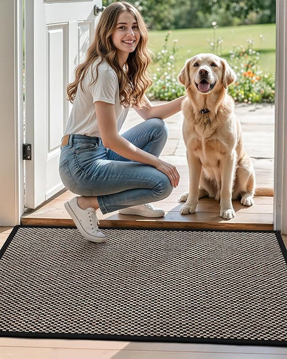 DEXI Ultra Thin Entryway Door Mat 17x30, Non Slip Rubber Backing Inside Entry Mat, Low Profile Easy Clean Dirt Trapper Doormat for Inside Entrance Patio, Black