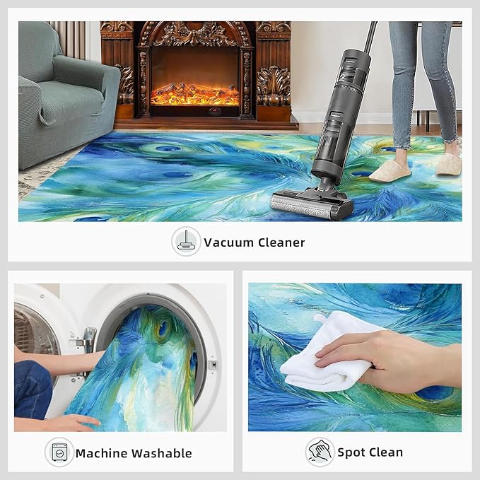 Peacock Feather Rug 3x4-3x4 Rug, Teal Turquoise Area Rugs for Bedroom, Malachite Green Feather Rugs for Living Room, Peafowl Washable Mat, Peacock Feather Carpet - Peafowl Home Decor & Gifts