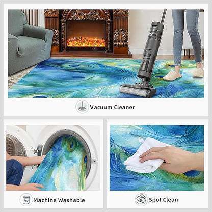Peacock Feather Rug 8x10-8x10 Rug, Teal Turquoise Area Rugs for Bedroom, Malachite Green Feather Rugs for Living Room, Peafowl Washable Mat, Peacock Feather Carpet - Peafowl Home Decor & Gifts