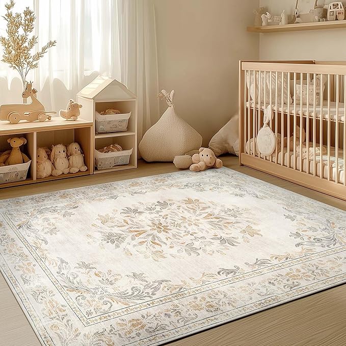 jinchan Vintage Floral 6x9 Area Rug for Living Room - Machine Washable Distressed Design Soft Throw Rug Ultra-Thin Non-Slip Large Carpet for Bedroom Nursery Dining Room Home Office (6x9ft, Light Grey)