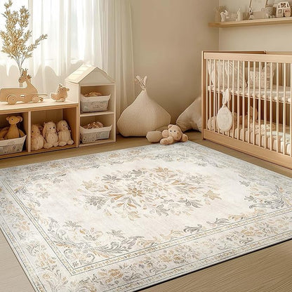 jinchan Vintage Floral 4x6 Area Rugs - Machine Washable Distressed Design Soft Ultra-Thin Low-Pile Non-Slip Carpet for Entryway Kitchen Bedroom Nursery Living Room Dining Room (4x6ft, Light Grey)