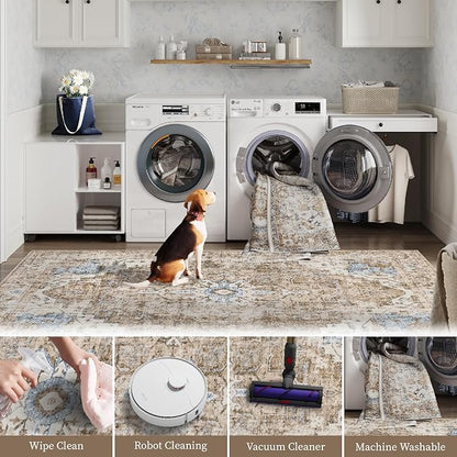jinchan Kelda Runner Rug 3x8 Washable Rug Soft Hallway Runner Indoor Vintage Print Floor Cover Retro Distressed Lightweight Non-Slip Thin Carpet for Bathroom Kitchen Living Room Bedroom Brick Red